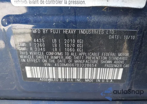 2011 Subaru Legacy 2.5I Premium из США, поврежденный, VIN 4S3BMBB67B3228654